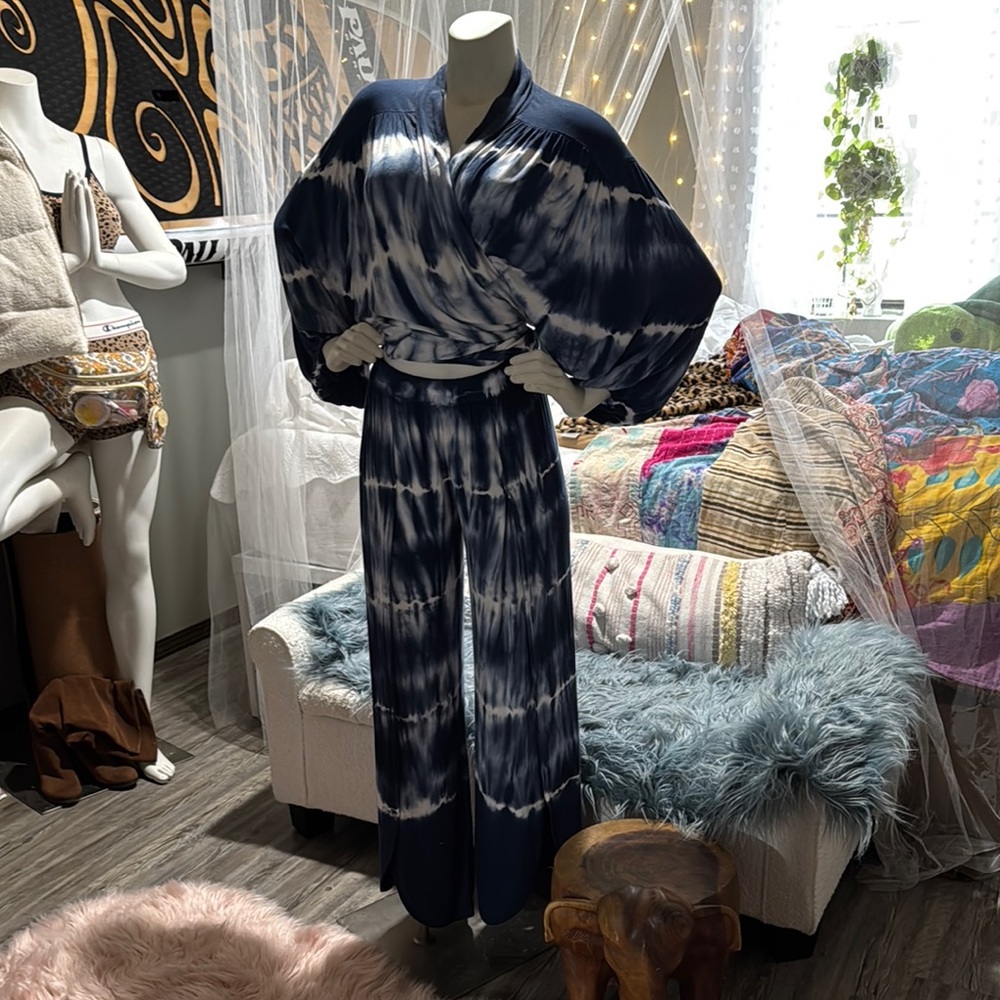 Bohemian Blue and White Jumpsuit with Wide Sleeves